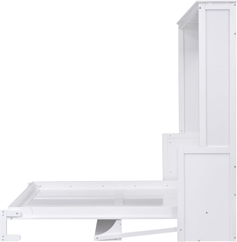 Queen Murphy Bed with Desk, Wood Hideaway Wall Bed Cabinet with Storage Shelves, Space-Saving Vertical Murphy Bed