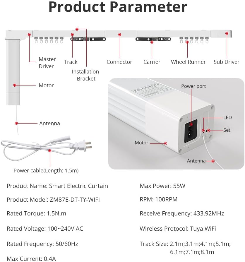 WiFi Smart Curtain Track, Electric Curtains with Remote Compatible with Alexa & Google Home, Tuya App Control