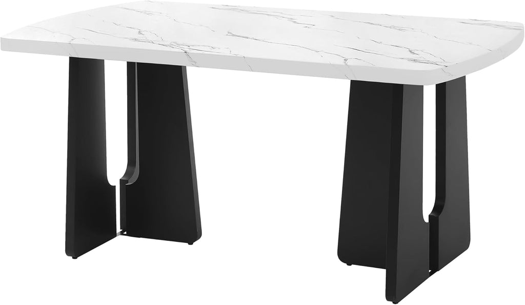 63" Faux Marble Dining Table for 6-8, Rectangular Kitchen Table with Unique Base, MDF Marble Look Top with Rubber