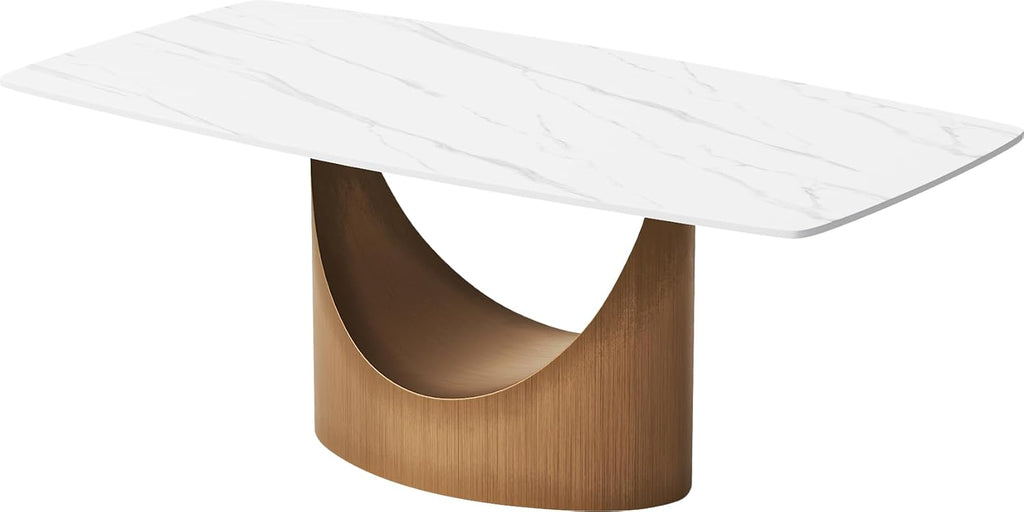71" Hobart Modern Dining Table for 6-8, Matte White Dining Table Sintered Stone Dining Tabletop with Bronze Carbon