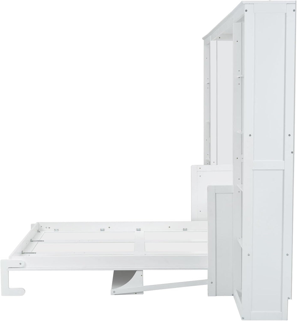 Queen Murphy Bed with Desk and Storage Shelves,Pine Wood Vertical Murphy Wall Bed Cabinet with Storage Bookcase