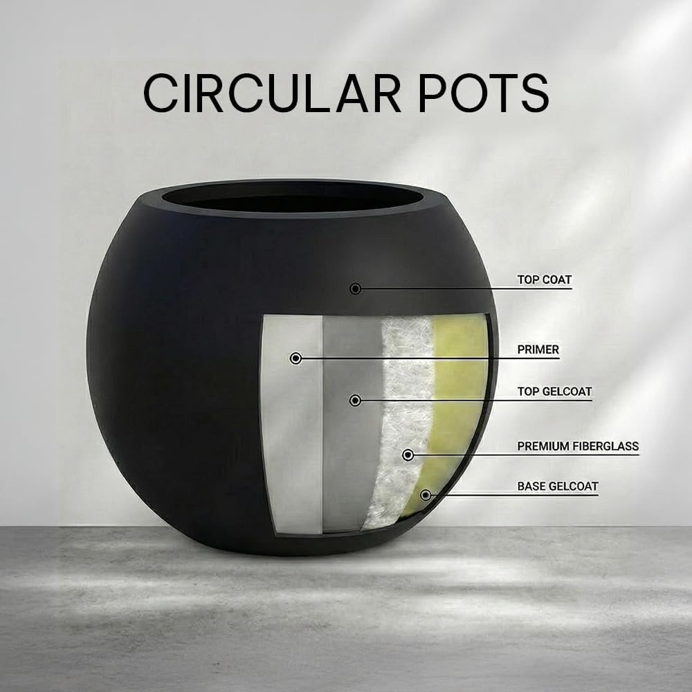 Nova Round Fiberglass Planter 16.7H x21D Indoor Outdoor Black | Coco mat included, Large plant pot, Tree