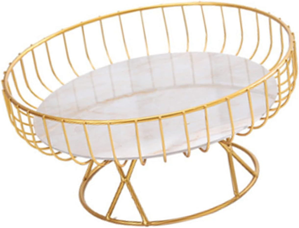 Metal Wire Fruit Basket, 9 inch Pedestal Fruit Bowl with Marble Tray, Decorative Iron Wire Bread Snacks Holder