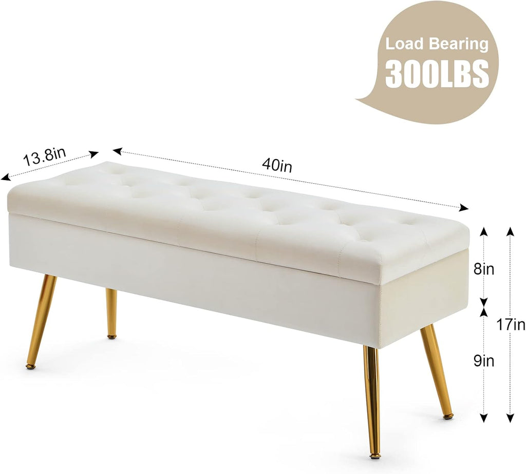 Bench Storage Ottoman Bench with Storage for End of Bed Entryway Cream Velvet
