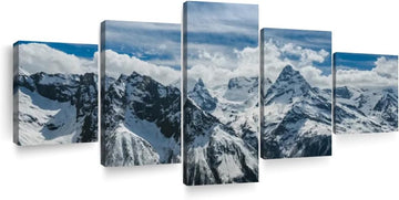 Rocky Mountains Wall Art Multi Piece Canvas - 5 Panel Nature Wall Decor - Snowy Scenery of the Pine Forest and