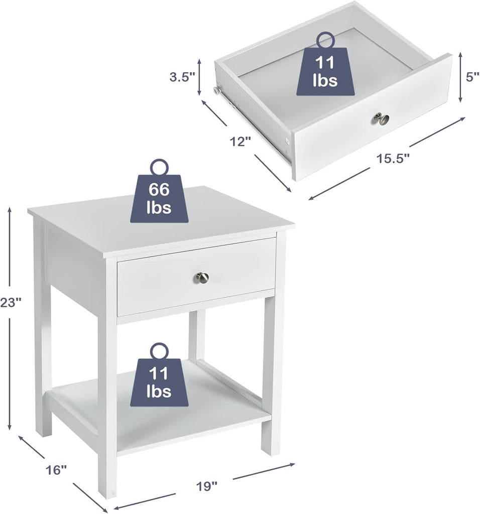 Nightstand Set of 2, Wood End Table with Drawer and Open Shelf, Night Stand , 2-Tier Bedside Table Bedroom Dorm, Easy