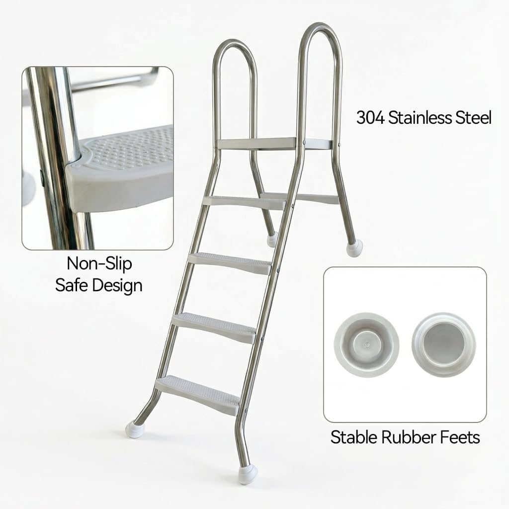 4 Step in & Above Ground Pool Ladder, 304 Stainless Steel Single Sided in-Pool Steps, 330LBS Non-Slip White Treads &