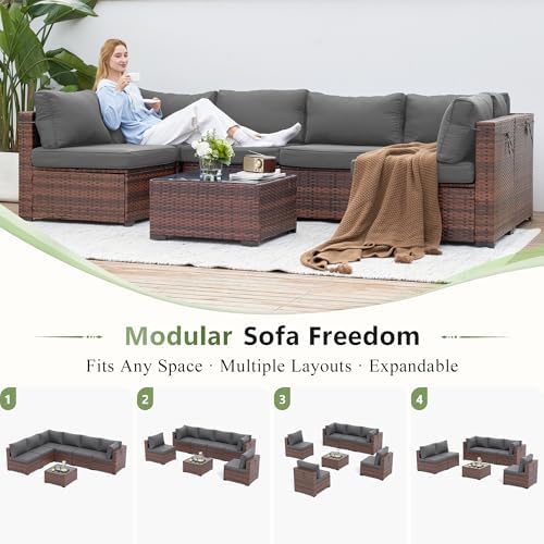 7-Piece Rattan Outdoor Patio Furniture Set | Grey for Backyard, Garden & Porch