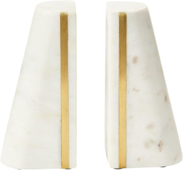 Geometric Marble Bookends with Brass Inlay, White