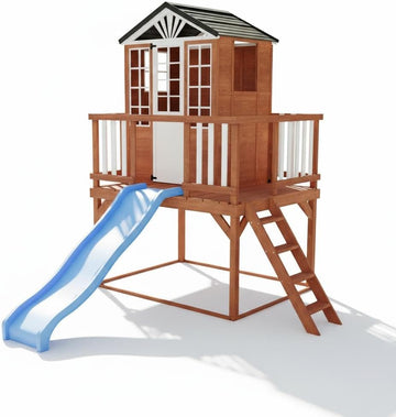 Kids Playhouse with Slide, Climbing Wall, Door & Windows, Outdoor | Outdoor wooden kids playhouse with slide climbing