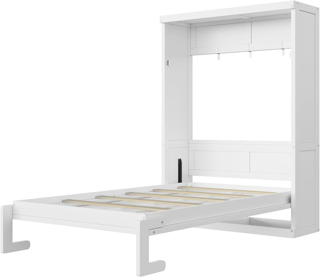 Space Saving Twin Murphy Wall Bed, Folds into Vertical Cabinet, Solid Metal Frame with Wood Slats, No Box Spring