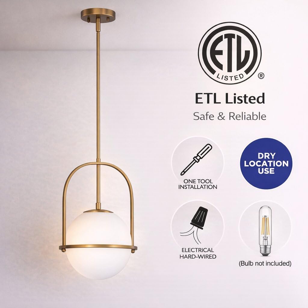 Brass Pendant Light Kitchen Island, 1-Light Modern Hanging Light Fixture, Adjustable Height Ceiling Light with Frosted Glass Globe, E26 Base, Dining Room, Entryway, Bedroom Lighting, ETL Listed