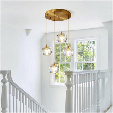 Chandelier Light Modern Chandelier Copper Crystal Pendant Light 47" Long Adjustable Ceiling Light for Living Room Staircase Hotel Ceiling Lighting Fixture(4 Head)