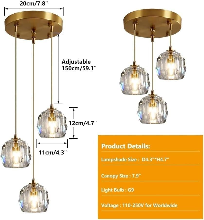 Chandelier Light Modern Chandelier Copper Crystal Pendant Light 47" Long Adjustable Ceiling Light for Living Room Staircase Hotel Ceiling Lighting Fixture(3 Head)