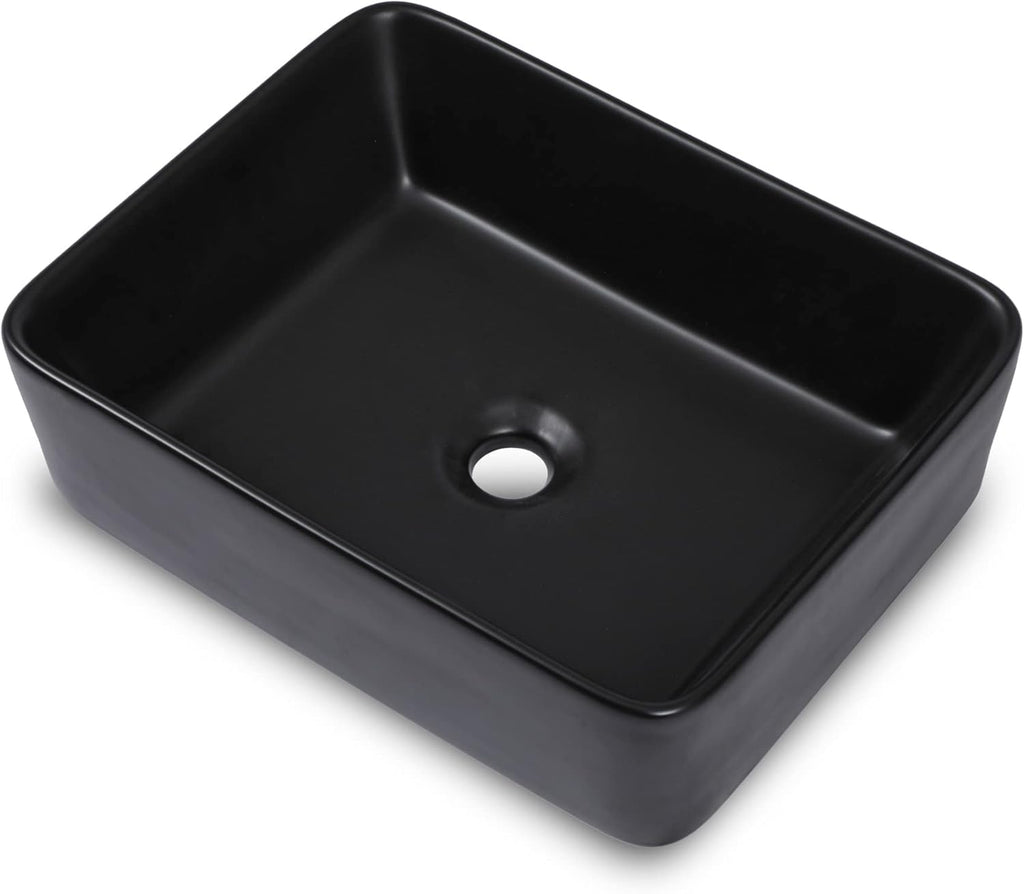 Black Vessel Sink Rectangle, Dcolora 19"x15" Matte Black Bathroom Vessel Sink Rectangular Above Counter Ceramic