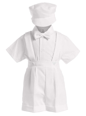 4-Piece Christening Baptism Suspender Short Set - White Cap Bowtie