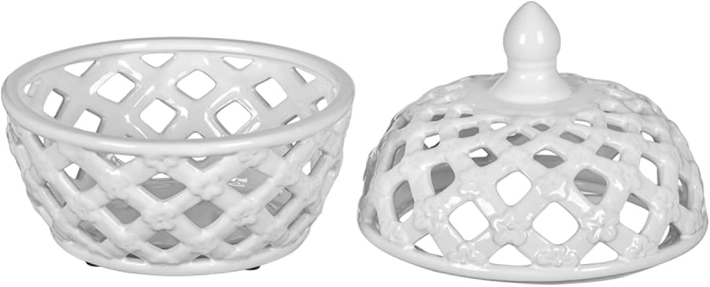 D8X9.5 White Ceramic Lidded Jar with Lattice Design - White - Delicate Lattice Design with Tiny Flowers - Tabletop