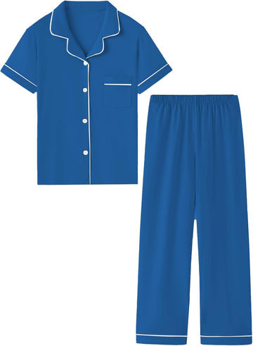 Boys 100% Cotton Pajamas Short Sleeve and Long Pants Piece PJ Set