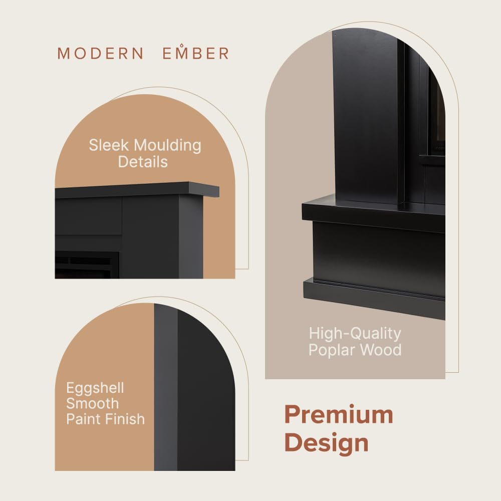 Black Mantel Package 64" W 42" H with 42 Inch Electric Fireplace - 5 Flame Colors, 10 Ember Bed Colors, Log