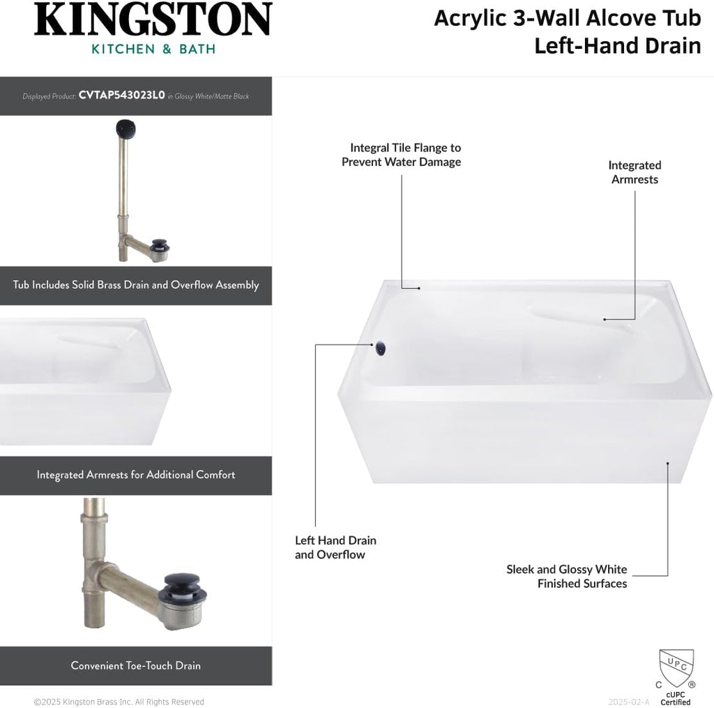 CVTAP543023L0 54" Acrylic Rectangular 3-Wall Alcove Tub with Armrests, Left Hand Drain, Glossy White/Matte Black