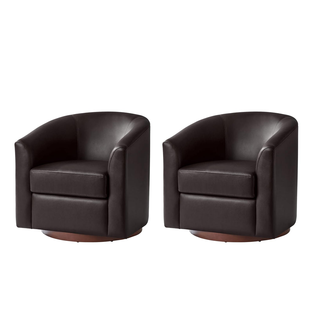 Faux Leather Swivel Accent Chairs Set of 2 with Solid Wood Base, Round Swivel Barrel Chairs, No Assembly Required