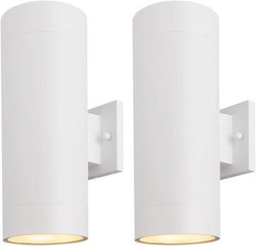 14" Modern Outdoor Porch Light Patio Light in 2 Lights with Aluminum Cylinder and Tempered Glass Cover Waterproof Wall Sconce 2 Pack (Matte White)