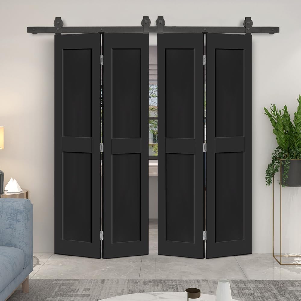 60 in. x 80 in. 2 Panel Shaker Hollow Core Black Composite Double Bi-Fold Door with Barn Door Hardwa