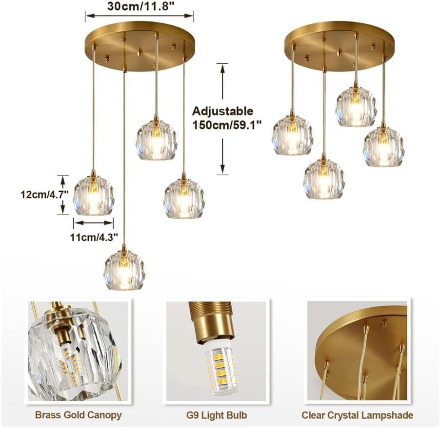 Chandelier Light Modern Chandelier Copper Crystal Pendant Light 47" Long Adjustable Ceiling Light for Living Room Staircase Hotel Ceiling Lighting Fixture(4 Head)