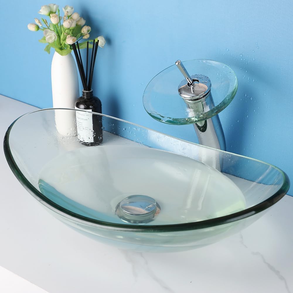 22 Inch Bathroom Vessel Sink with Waterfall Faucet and Pop-Up Drain Combo,Clear Glass Sink Bowl Above Counter Oval