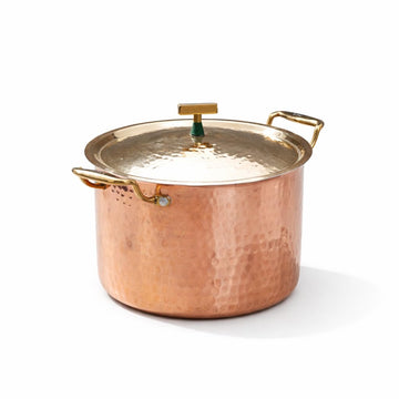 8 QT 100% Pure Copper Cooking Pot | Tin Coated Interior, Golden Hammered Finish | Heavy Bottom for Even Heat