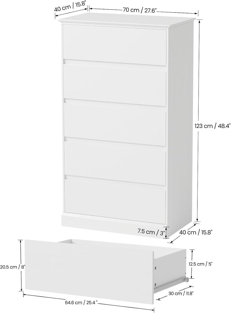 Dresser , Modern Tall White 5 Drawer Dresser, Modern Wood Chest of Drawers