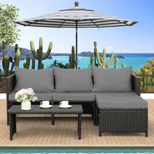 3-Piece PE Rattan Outdoor Patio Furniture Set - Conversation | Black for Patio, Garden & Porch