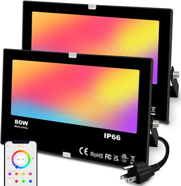 LED Floodlight 800W Equivalent 8000LM,Outdoor RGB Color Changing, IP66 WaterproofSmart Floodlights RGBW 2700K Warm
