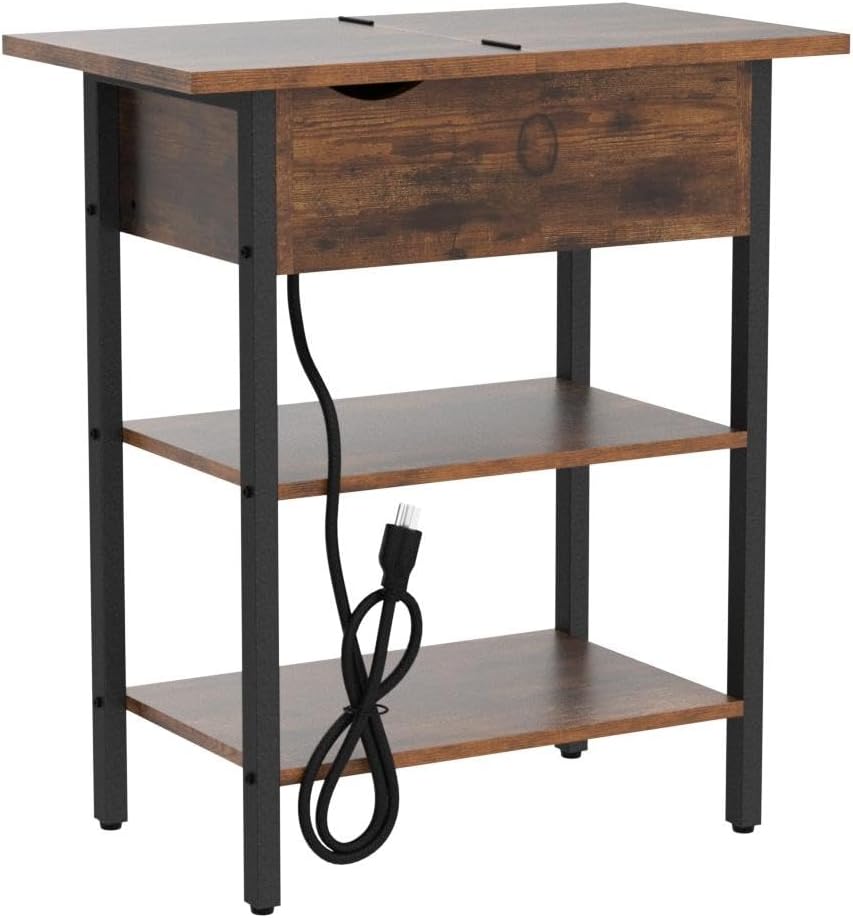 Set of 2 End Tables, Side Table with Charging Station, Flip Top Nightstand with USB Ports and Outlets, Bedside Tables