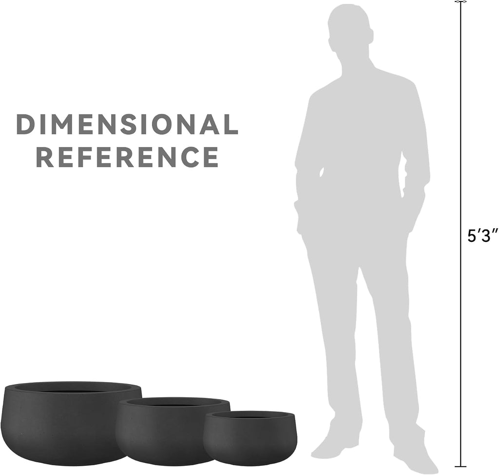 Set of 3 Black Concrete Bowl Planters 19.6" 16" 19.6" Dia | Drainage for Outdoor, Rubber Plug for Indoor Home