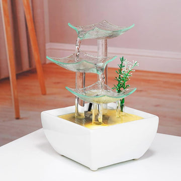 Ceramic and Glass Tabletop Fountain and Home Decoration Table Desk Office Patio White