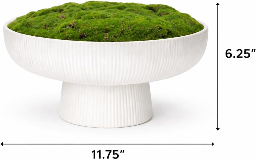 Fluted Pedestal Ceramic Moss Bowl | 11.75 Inch | Artificial Moss Centerpiece | Decorative Table Bowl