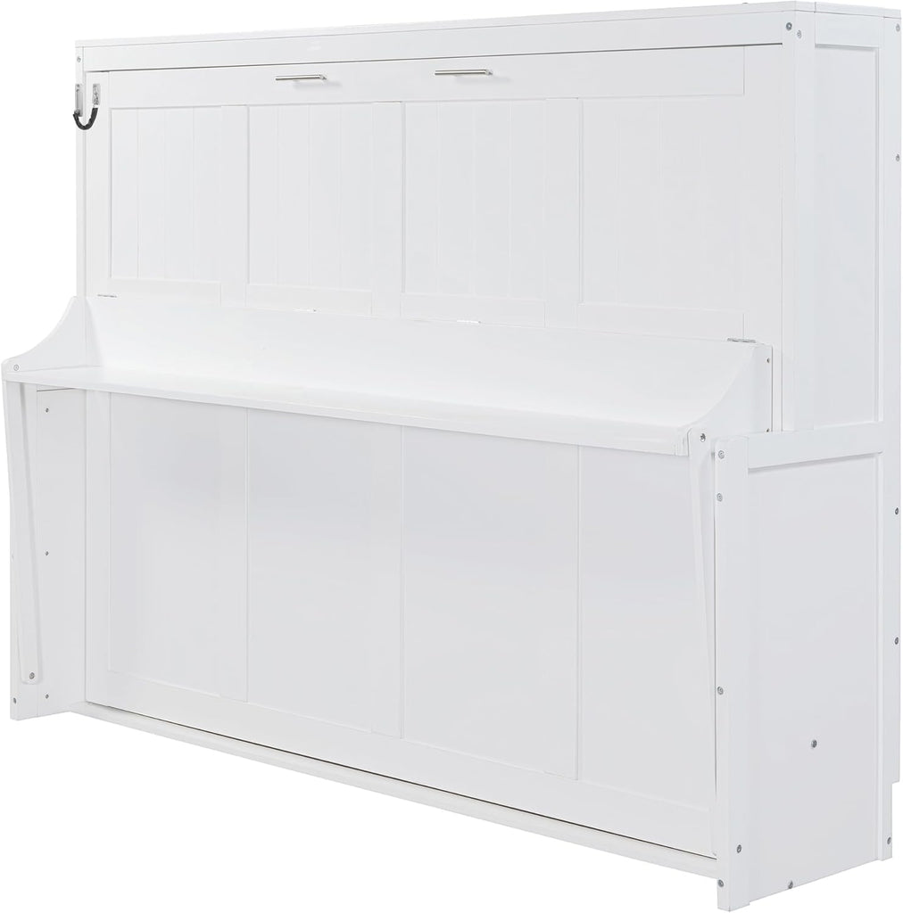 Queen Horizontal Murphy Bed with Desk,Wood Folding Hideaway Murphy Wall Bed for Adult,Guest Room,No Box Spring