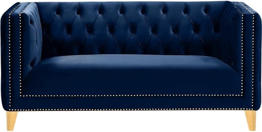 652Navy-L Michelle Collection Modern | Contemporary Loveseat with Deep Button Tufting, Gold Nailhead Trim and Sturdy