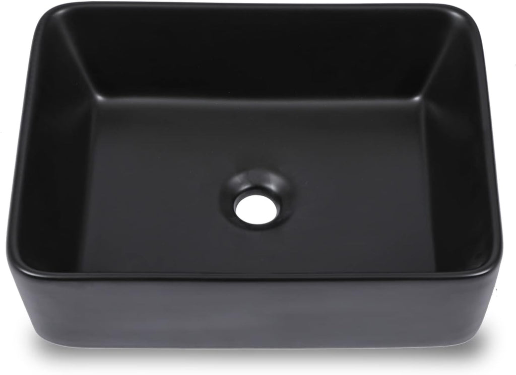 Black Vessel Sink Rectangle, Dcolora 19"x15" Matte Black Bathroom Vessel Sink Rectangular Above Counter Ceramic