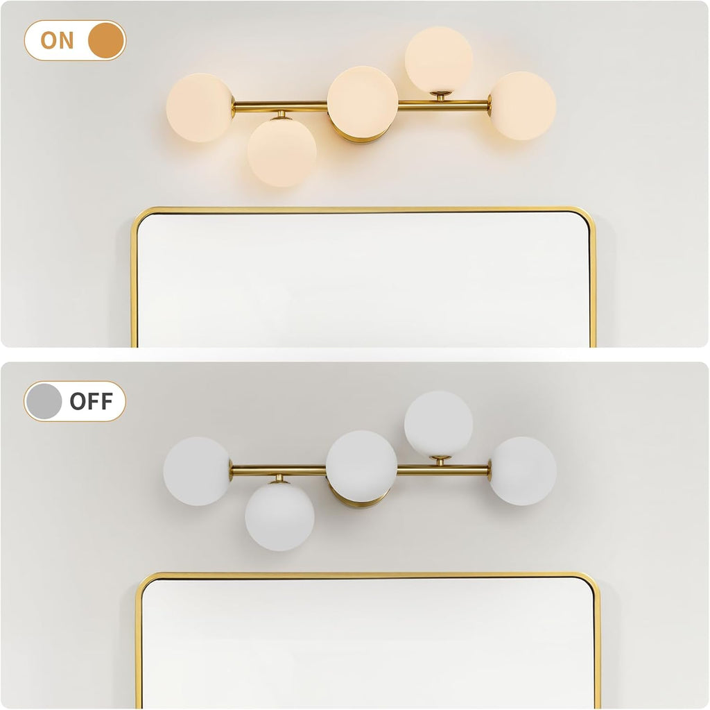 Modern Bathroom Vanity Light Fixtures,LED Brushed Gold Wall Sconce Lighting | 5 Lights Milk Glass Globe Vanity