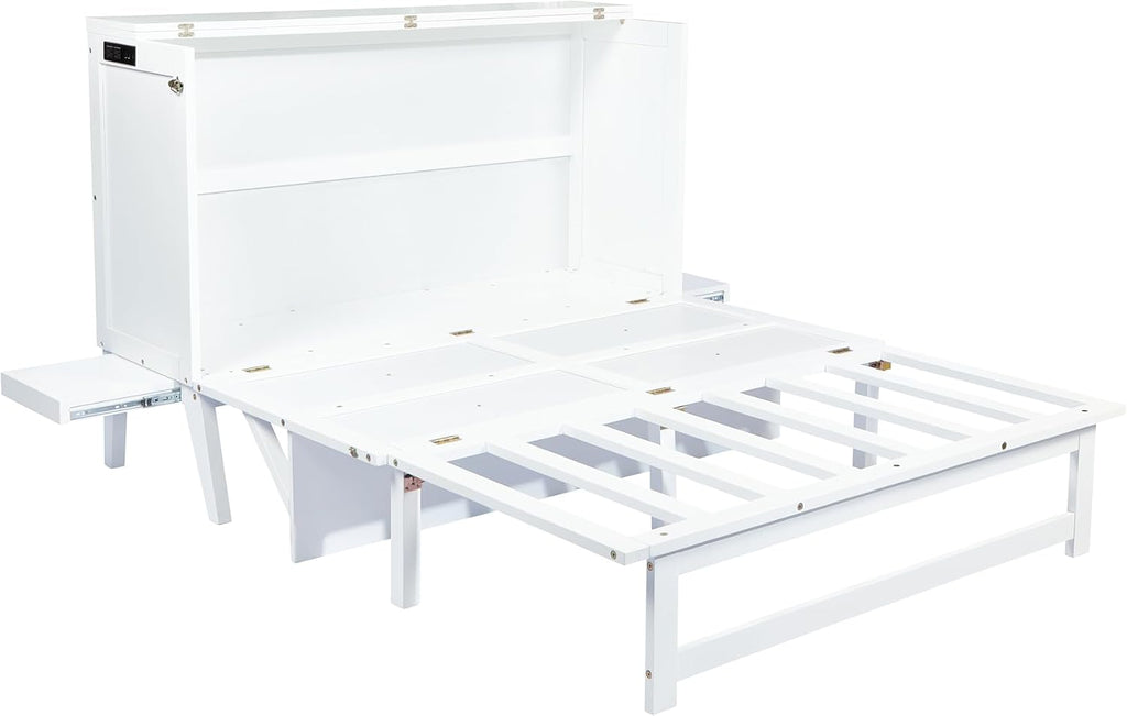 Queen Murphy Bed with Desk and Removable Shelves on Each Side,Solid Pine Cabinet Bedframe for Home Office, Guest