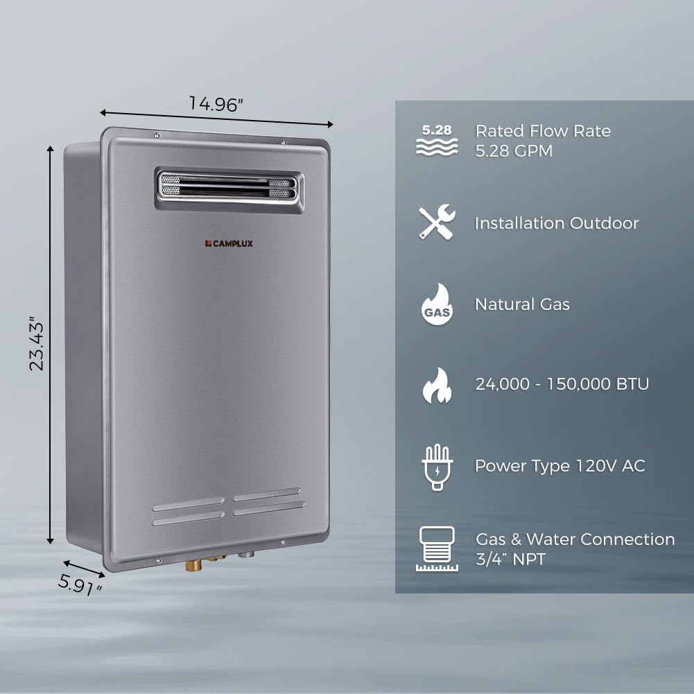 Climatech 5 Tankless Water Heater Gas Outdoor 5.28 GPM Up to 6.4 GPM, 150