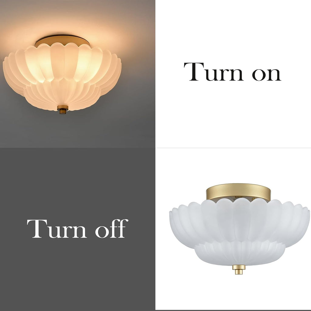 Gold Flush Mount Ceiling Light with Scalloped Frosted Milk Glass | Modern Brass Semi Flush Mount Ceiling Light