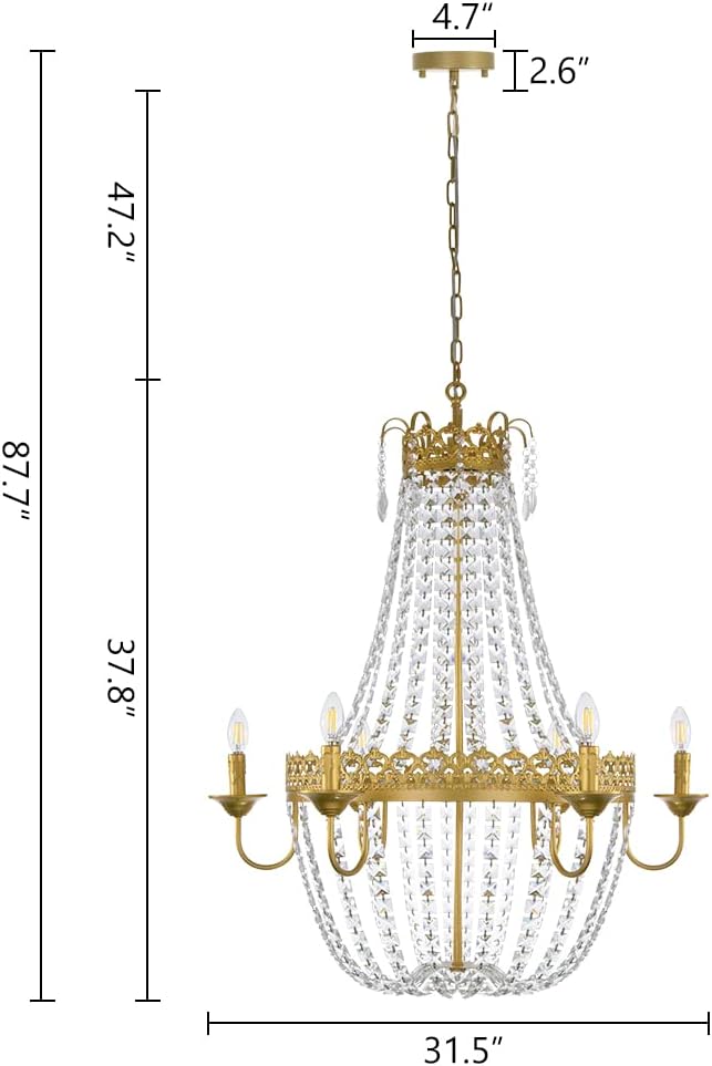 French Empire Crystal Chandelier Modern Adjustable Hanging Pendant Ceiling Mount Light Fixture for Hallway Dining Living Room Bedroom Foyer, H 38.2" x W 31.5", Gold, 6-Light, E12 Base