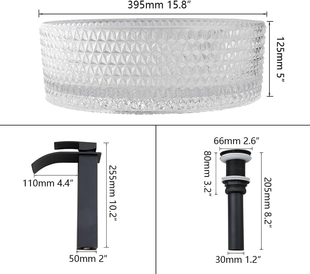 16 Inch Crystal Bathroom Vessel Sink with Faucet and Drain Combo,Diamond Shaped Clear Tempered Glass Vessel Sink Above