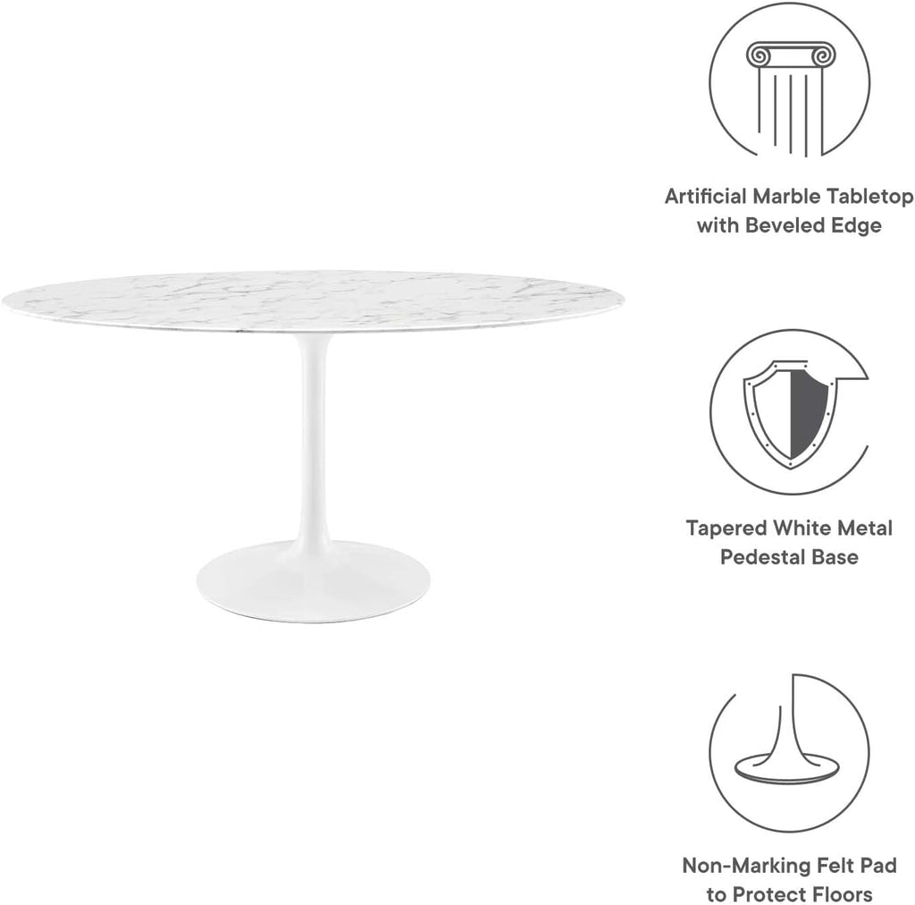 Inspired Saarinen Style Tulip Oval Pedestal Dining Table — White Base / Marble Top, 60″ Oval