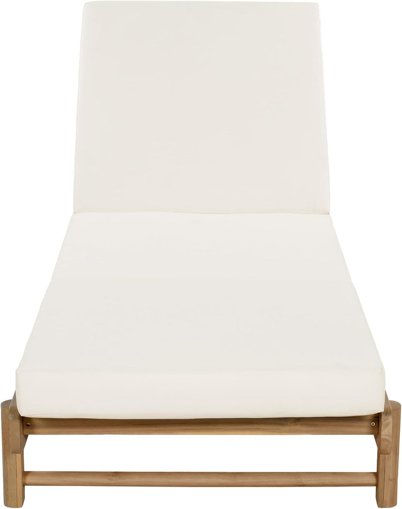 Patio Acacia Wood Chaise Lounge w/ Cushion, Outdoor Folding Chair Recliner | 1 Frame + 1 3-Fold 4" Thick Cream