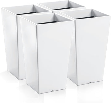 Set of 4 Tall Outdoor Planters 21 Inch Tall Tapered Square Planter with Drainage Hole Large Flower Tree Resin Flower