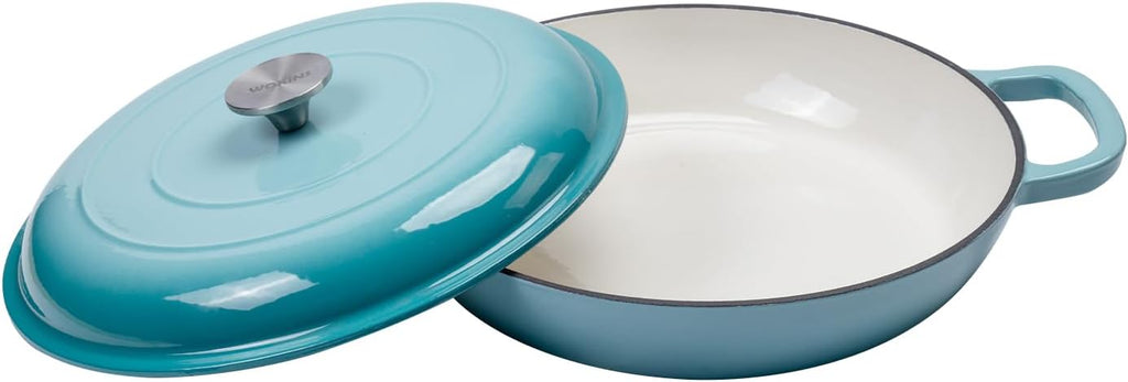 3.5QT Enameled Cast Iron Braiser Pan W/Lid,Shallow Dutch Oven,Blue | Enameled Braiser Pan Shallow Dutch Oven
